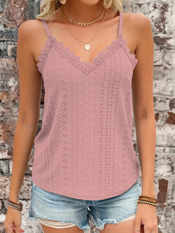 Eyelet Contrast Lace Cami Top, Casual V-neck Spaghetti Strap Top For Summer, Women's Clothing For Coquette/Cute/Y2K Style - Image 23