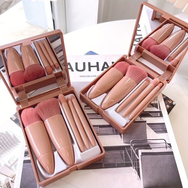 5pcs/set Portable Mini Makeup Brush Set With Mirror And Case - Soft Fiber Hair Powder And Eye Shadow Brushes For Professional Beauty Tools