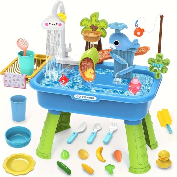 Water Table - Outdoor Sensory Play Table with Water Pump, Running Water Faucet & Sand Play Table, Role Play Table - Pink/Blue/Green - Image 6