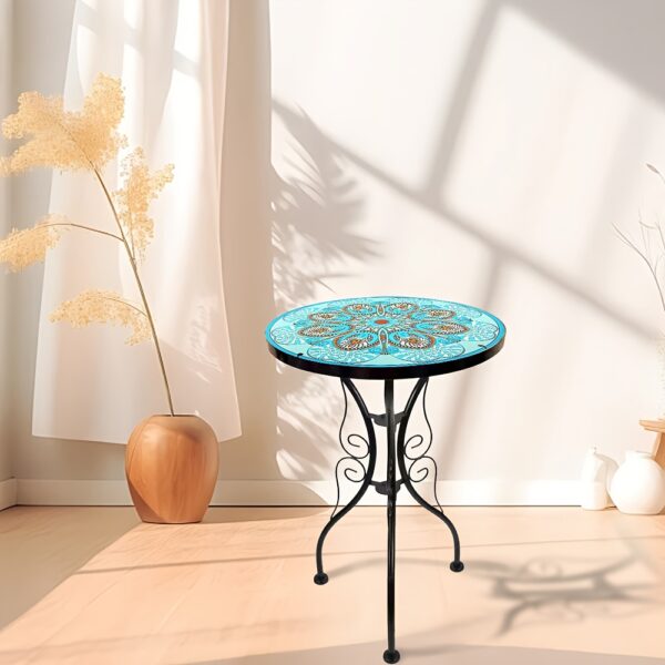 Glass Top Round Pedestal Table Set for Outdoor Patio Balcony - Decorative Mosaic Design, Durable Stained Glass Coffee Tables - Image 15