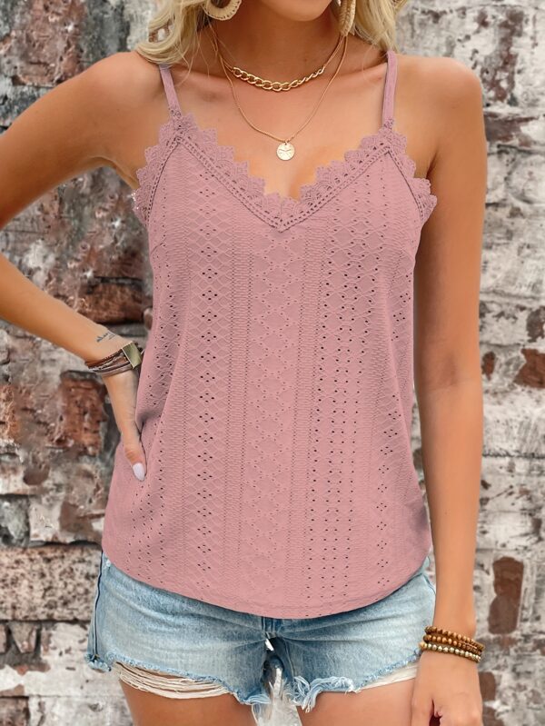 Eyelet Contrast Lace Cami Top, Casual V-neck Spaghetti Strap Top For Summer, Women's Clothing For Coquette/Cute/Y2K Style - Image 5
