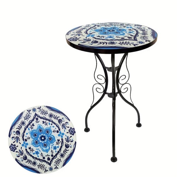 Glass Top Round Pedestal Table Set for Outdoor Patio Balcony - Decorative Mosaic Design, Durable Stained Glass Coffee Tables - Image 11