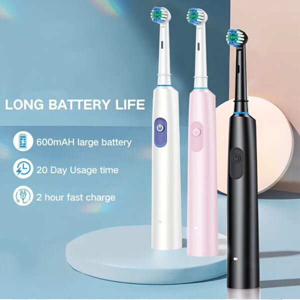 Rechargeable Automatic Smart Toothbrush for Adults - 5 Cleaning Modes, 8 Replacement Heads, USB Charging, 600mAh Lithium Battery, Ideal for Home & Travel, Perfect Gift for Students, Men, Women, Couples - Black - Image 3