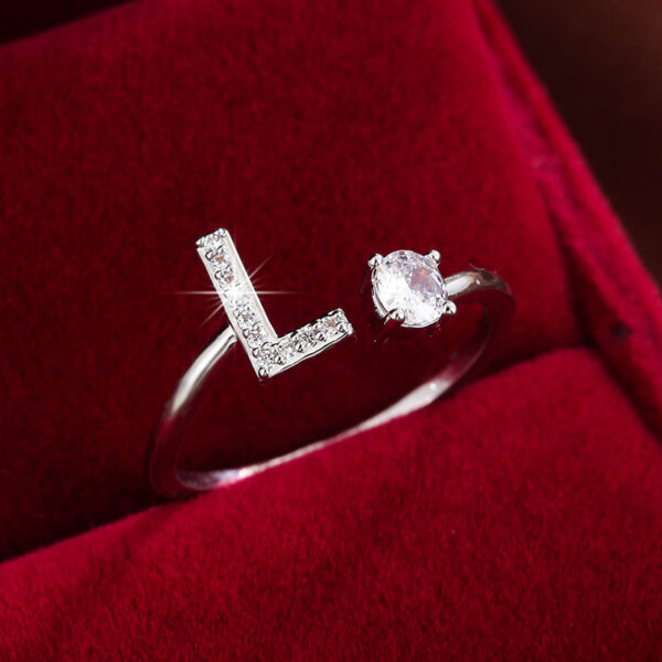 Adjustable Copper Ring With Four-claw Round Zirconia, Featuring The 26 English Letters Of Fashion Trend. - Image 9
