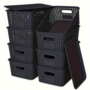 6pcs Modern Black Plastic Storage Baskets with Lids - Stackable, Durable Fabric Pattern Design, Multi-Purpose Organizers for Office Desks, Bedrooms, Classrooms, and Home Organizatio