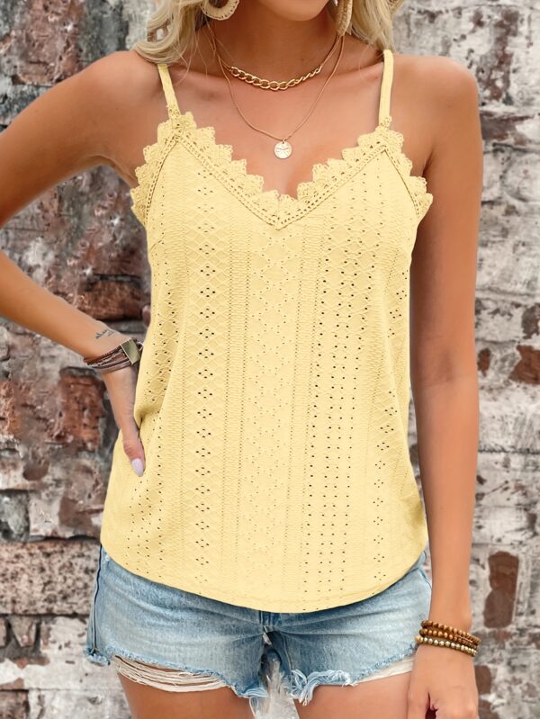 Eyelet Contrast Lace Cami Top, Casual V-neck Spaghetti Strap Top For Summer, Women's Clothing For Coquette/Cute/Y2K Style - Image 3