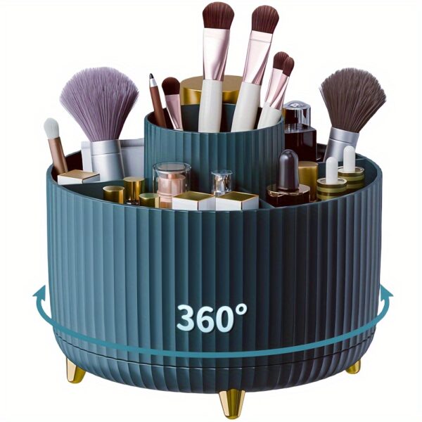 360° Rotating Makeup Organizer - 1pc Plastic Cosmetic Storage with 5 Compartments - Multi-Functional Holder for Brushes, Lipsticks, Skin Care Products, and Stationery - Durable Unscented Desk Caddy with Luxury Stripe Design - Image 12