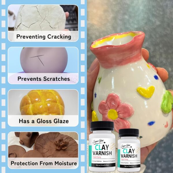 Clay Varnish with Brushes, Acrylic Varnish, Air Dry Clay Glaze, Glaze for air Dry Clay, Ceramics, Oil Painting, Wood, Waterproof, Preventing Crazing & Yellowing. - Image 7