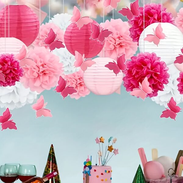 19pcs Pink Paper Lanterns, Pink Pom Poms, Pink Butterfly Garlands, Hanging Paper Balls, Lanterns, Garlands, Wedding Party Background Decoration, Suitable for Wedding Party Bride Bedroom Decoration, Wedding Banquet Decoration, Anniversary Decoration, Birth - Image 9