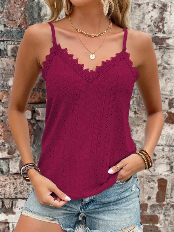 Eyelet Contrast Lace Cami Top, Casual V-neck Spaghetti Strap Top For Summer, Women's Clothing For Coquette/Cute/Y2K Style - Image 8