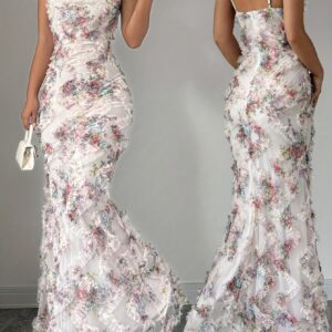 Elegant Floral Print Mesh Evening Dress for Women - Sleeveless Bodycon with Ruffle Hem, Perfect for Summer Parties & Formal Events, Formal Evening Wear | Floral Print Dress | Mesh Fabric Gown