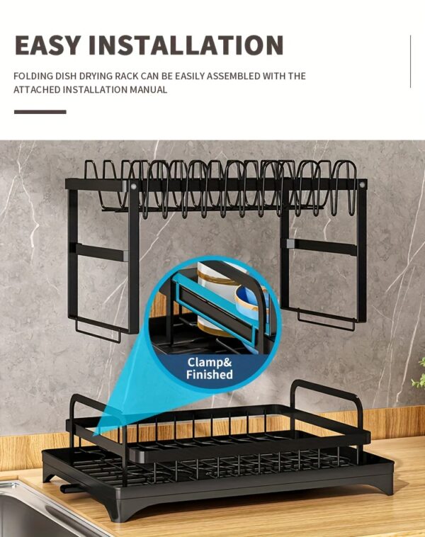 1pc Dish Drying Rack for Kitchen Counter Over The Sink, Detachable Larger Capacity 2-Tier Dish Drying Rack Drainboard with Double-Layer Bowl Rack, Cup Rack, Drain Board, Sticky Board Rack, Cutlery Rack, Black & White - Image 18