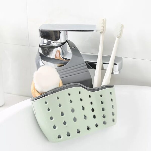 1pc Adjustable Sink Sponge Holder - Space-Saving Kitchen Organizer with Drain Basket, Beige & Gray, Perfect for Sponges, Brushes, and Small Items, Easy Faucet Installation - Image 8
