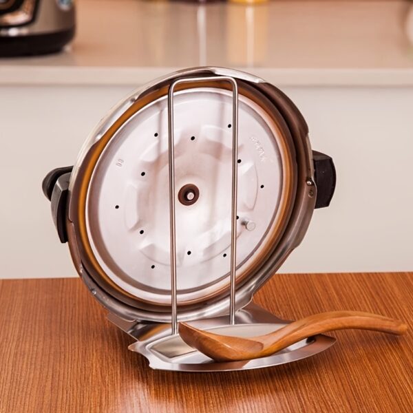 1pc Stainless Steel Pot Lid Rack Shelf with Drain Tray Bracket - Free Punching Soup Spoon Rack with Removable Shelf - Kitchen Accessories for Easy Pot Cover Storage and Drainage - Image 4