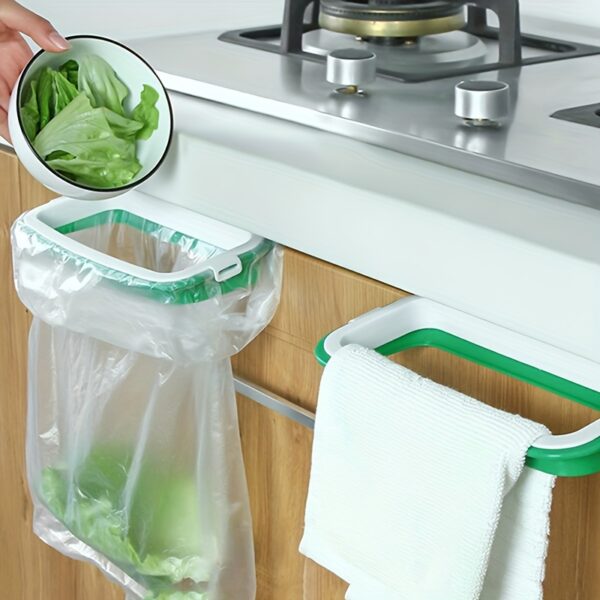 Under-Cabinet Kitchen Trash Bag Holder - Durable Plastic Adhesive Mount Door Back Organizer with Green Clips, Space-Saving Garbage Bag Dispenser for Countertop Clutter Reduction, Trash Can Kitchen