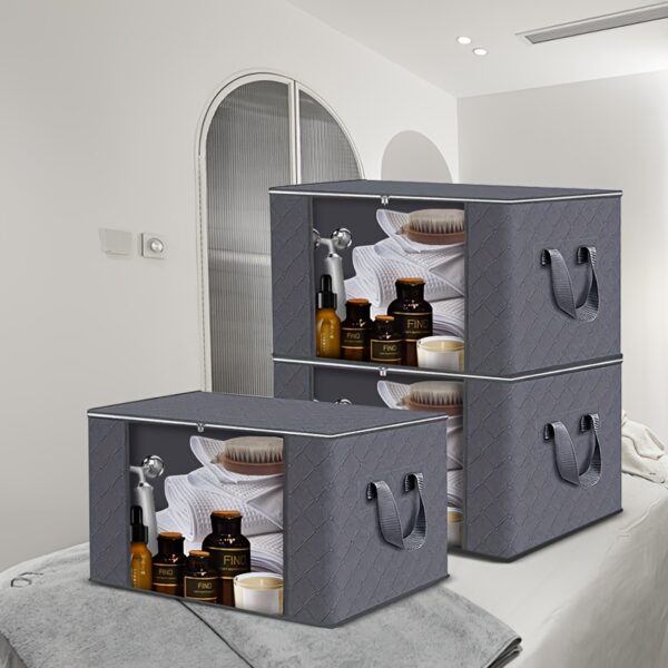 Large Capacity 3-Pack Foldable Grey Woven Fabric Storage Bins - Ideal for Home, Bedroom, Dorm, Spa Wardrobes - No Electricity Needed - Image 16