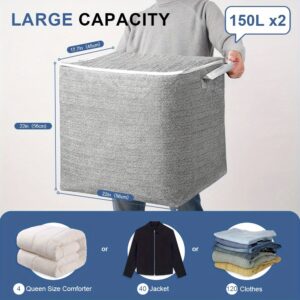 2 Large Gray Rectangular Storage Boxes, Contemporary Style, Durable Fabric, Sturdy Handles, Multi-Purpose, Suitable for Closets, Home Organization, Clothes, Bedding, Blankets - Foldable for Easy Carrying, Storage Bags