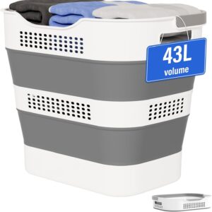 Foldable laundry basket, plastic folding laundry basket, 43 liters (43.53 L) foldable laundry basket with plastic handle, pop-up storage container/organizer/laundry basket, space saving and durable (1pc, gray), Laundry Baskets