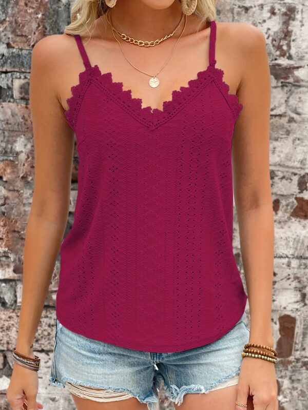 Eyelet Contrast Lace Cami Top, Casual V-neck Spaghetti Strap Top For Summer, Women's Clothing For Coquette/Cute/Y2K Style - Image 30