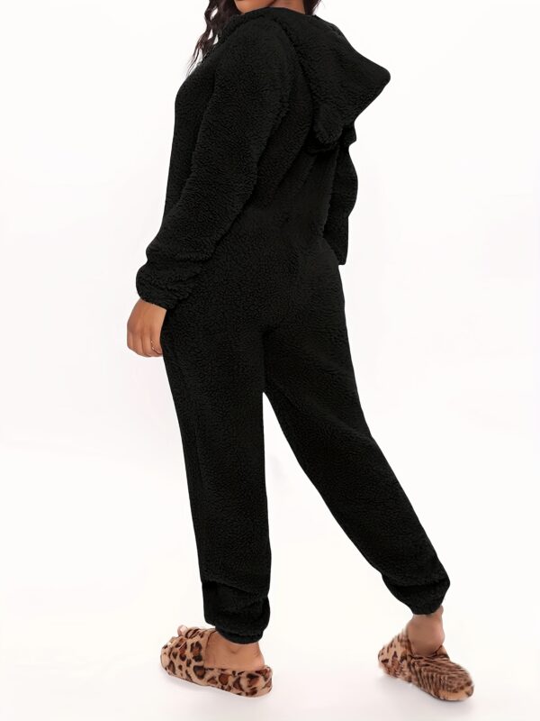 Fuzzy Hooded Pajama Jumpsuit For Music Festival, Comfy & Cute Long Sleeve Zipper Pajamas, Women's Lingerie & Sleepwear - Image 2