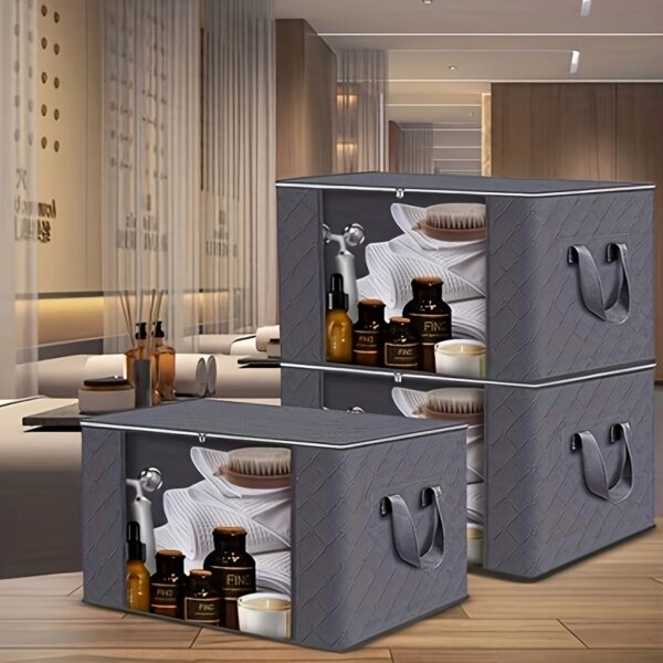 Large Capacity 3-Pack Foldable Grey Woven Fabric Storage Bins - Ideal for Home, Bedroom, Dorm, Spa Wardrobes - No Electricity Needed - Image 9