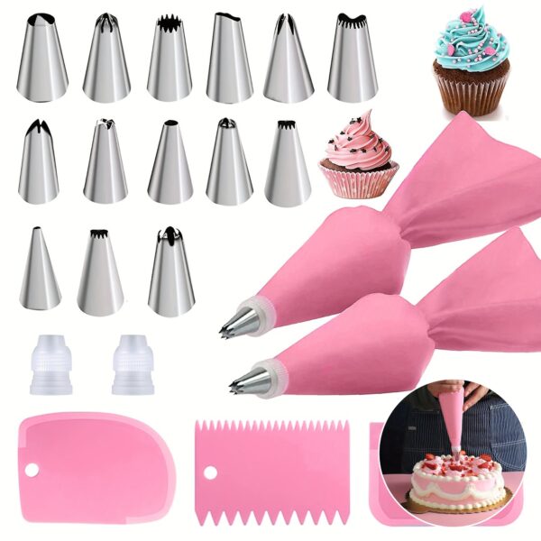 [21pcs Pink Cake Decorating Baking Set] 21pcs Pink Stainless Steel Baking Set with 14 Nozzles, 2 Converters, 2 Piping Bags, 3 Spatulas - Cake Decorating Kit for Pastry, Cupcakes, Baking Tools, Kitchen Gadgets - Image 7