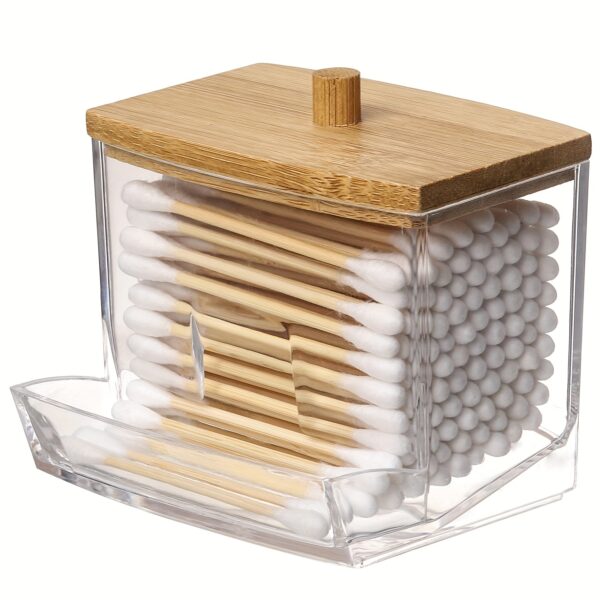 1pc Clear Acrylic Swab Holders With Wooden Lid, Dust-proof Storage Jars For Swab, Jewelry, Powder Puffs, Beauty Eggs, Household Storage Organizer For Dresser, Desktop, Bathroom, Home, Dorm - Image 2