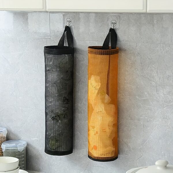 1pc Durable Wall-Mounted Plastic Bag Dispenser, Foldable Breathable Mesh Garbage Bag Holder, Washable Hanging Storage Organizer for Various Room Types - Image 3