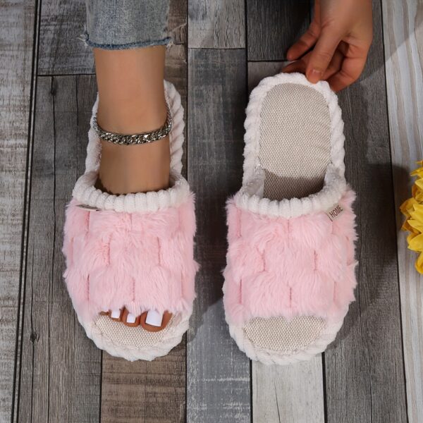 Colorblock Faux Fur Slippers, Casual Slip On Plush Lined Shoes, Comfortable Indoor Home Slippers - Image 9
