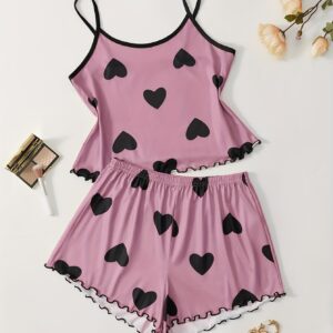 Heart Print Pajama Set, Scoop Neck Cami Top & Lettuce Trim Shorts, Women's Sleepwear & Loungewear
