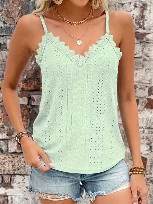 Eyelet Contrast Lace Cami Top, Casual V-neck Spaghetti Strap Top For Summer, Women's Clothing For Coquette/Cute/Y2K Style - Image 9