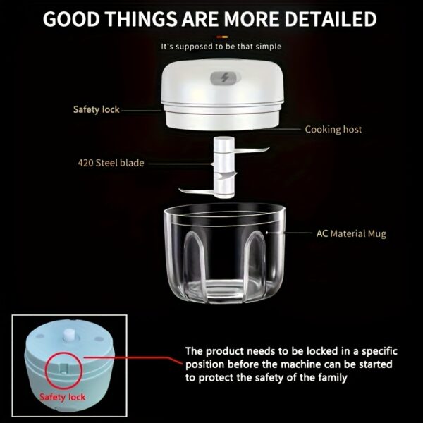 100ml/250ml USB Rechargeable Mini Kitchen Garlic Press Electric Garlic Chopper & Meat Grinder, Masher - Image 6