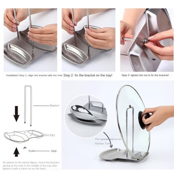 1pc Stainless Steel Pot Lid Rack Shelf with Drain Tray Bracket - Free Punching Soup Spoon Rack with Removable Shelf - Kitchen Accessories for Easy Pot Cover Storage and Drainage - Image 7