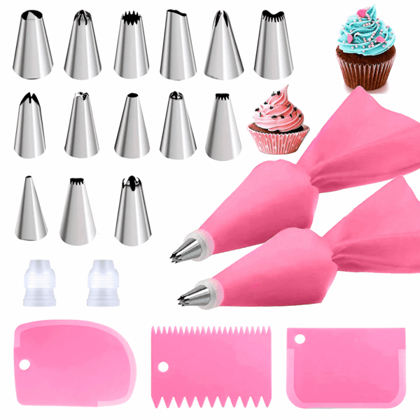 [21pcs Pink Cake Decorating Baking Set] 21pcs Pink Stainless Steel Baking Set with 14 Nozzles, 2 Converters, 2 Piping Bags, 3 Spatulas - Cake Decorating Kit for Pastry, Cupcakes, Baking Tools, Kitchen Gadgets - Image 9
