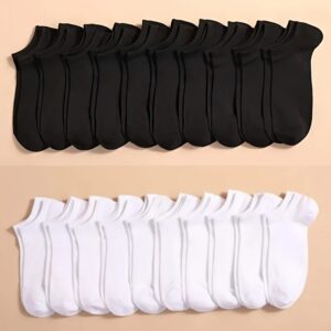[Breathable Ankle Socks] 10/20 Pairs Breathable Ankle Socks - 100% Polyester Knit Fabric, Solid Color, Hand Wash Only, Sweat Absorbent Summer Thin Boat Socks, Cute Socks, Black, White & Grey