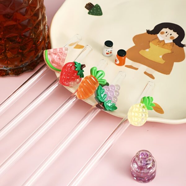 1pc/5pcs Fruit-Themed Glass Straws - Reusable Colorful Bendy Straws with Strawberry, Pineapple, Carrot & Grape Designs for Summer Iced Drinks, Birthday Parties, Gifts for Mom, Dad, Youngsters, Boyfriend & Girlfriend, Food Safe & High-Quality, Gift for Couples | Fruitthemed Designs | Bendy Glass Straws - Image 2