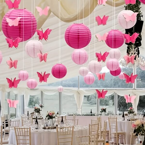 19pcs Pink Paper Lanterns, Pink Pom Poms, Pink Butterfly Garlands, Hanging Paper Balls, Lanterns, Garlands, Wedding Party Background Decoration, Suitable for Wedding Party Bride Bedroom Decoration, Wedding Banquet Decoration, Anniversary Decoration, Birth - Image 6