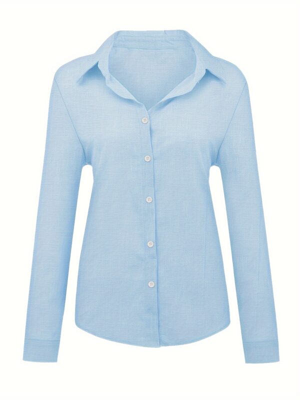 Women's Light Blue Linen Shirt - Elegant Casual Loose Fit Long Sleeve Blouse with V-Neck & Semi-Sheer Design, Machine Washable Spring/Fall Top for Casual or Formal Outfits, Fall Wardrobe, Relaxed Style, Breathable Fabric, Versatile Clothing, Stylish Outfi - Image 24