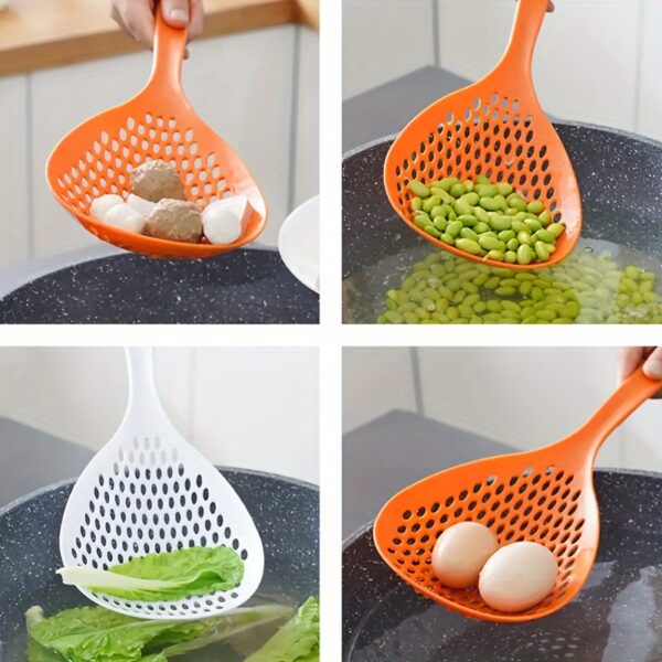 1pc Strainer Scoop Colander, Slotted Pasta Spoon, Plastic Skimmer Spoon With Handle, Food Drain Shovel For Kitchen Cooking, White/ Orange Kitchen Accessories - Image 2