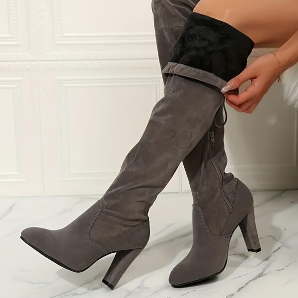 Women's Solid Color Block Heeled Boots, Fashion Side Zipper Dress Pumps, Stylish Over The Knee Boots - Image 4