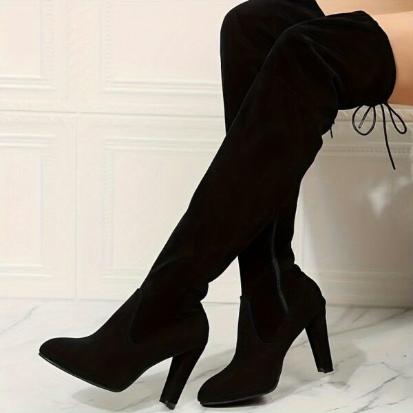 Women's Solid Color Block Heeled Boots, Fashion Side Zipper Dress Pumps, Stylish Over The Knee Boots - Image 5