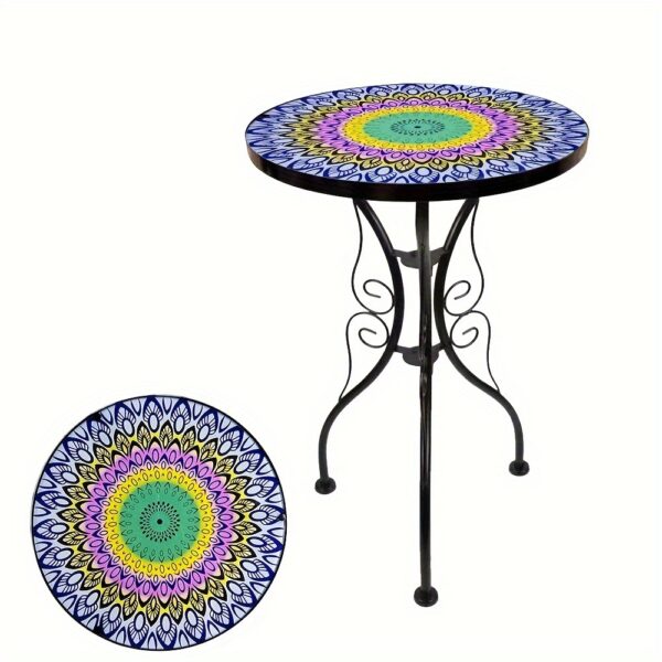 Glass Top Round Pedestal Table Set for Outdoor Patio Balcony - Decorative Mosaic Design, Durable Stained Glass Coffee Tables - Image 13