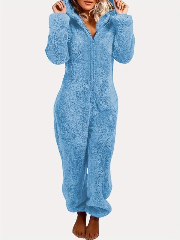Fuzzy Hooded Pajama Jumpsuit For Music Festival, Comfy & Cute Long Sleeve Zipper Pajamas, Women's Lingerie & Sleepwear - Image 6