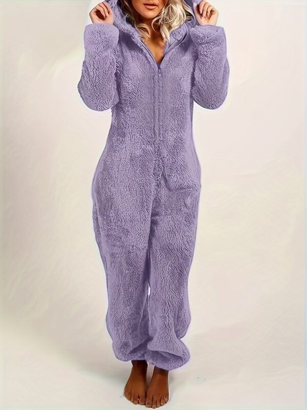 Fuzzy Hooded Pajama Jumpsuit For Music Festival, Comfy & Cute Long Sleeve Zipper Pajamas, Women's Lingerie & Sleepwear - Image 4
