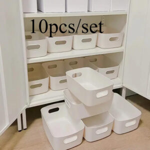 10pcs White Plastic Storage Baskets with Handles – Versatile Rectangular Organizer Boxes for Kitchen Cabinets, Bathroom & Pantry – Perfect for Spices, Snacks, and Essentials – Durable and Stackable Shelf Baskets, Bathroom Storage Solution | Classic Design | Handle Feature, Shelf Baskets