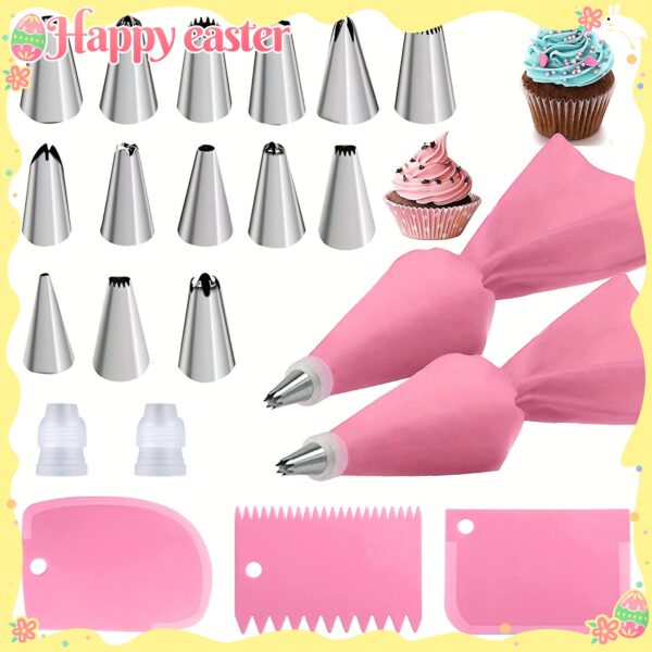 [21pcs Pink Cake Decorating Baking Set] 21pcs Pink Stainless Steel Baking Set with 14 Nozzles, 2 Converters, 2 Piping Bags, 3 Spatulas - Cake Decorating Kit for Pastry, Cupcakes, Baking Tools, Kitchen Gadgets - Image 12