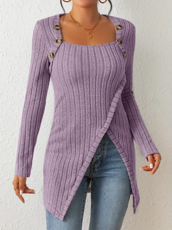 Square Neck Slim Fit Knit Button Decor Slit Hem Slim Fit Casual Long Sleeve T-shirt - Image 6