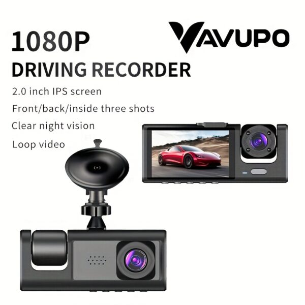 Vavupo 1080P 2&3 Channel Dash Cam for Cars - Front, Inside & Rear View with IR Night Vision, Loop Recording, Wide Angle Lens, and 5.08cm IPS Display - Image 2