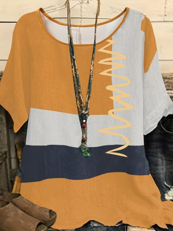 Plus Size Boho T-shirt, Women's Plus Graphic Print Short Sleeve Round Neck Medium Stretch T-shirt - Image 5