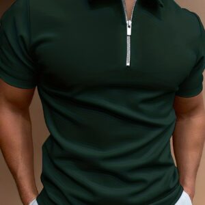 [Golf Apparel] Men's Classic White Shirt - Casual Summer Style with Short Sleeves, Zipper Collar, and Stretch Polyester Fabric - Perfect for Streetwear & Golf